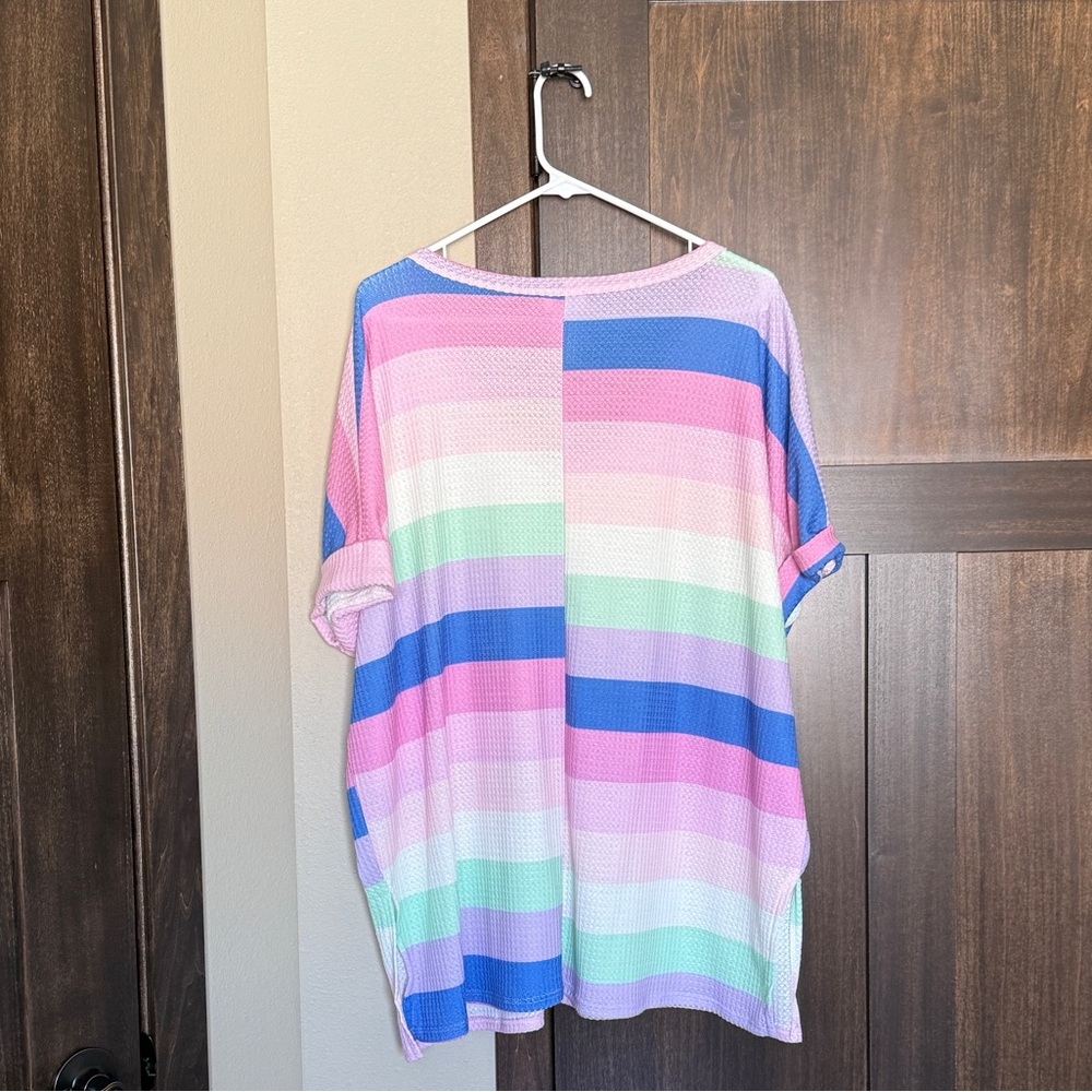 BiBi Women’s Oversized Striped Waffle Rolled Short Sleeve T Shirt Size Large - Picture 2 of 9